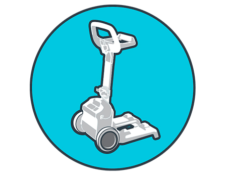 Carro de transporte Dolphin Carrera 40i El limpiafondos viene con un carro de transporte que facilita el almacenamiento, ya que cuenta con una base para dejar el robot, un soporte para la fuente de alimentación y un gancho para enrollar el cable.