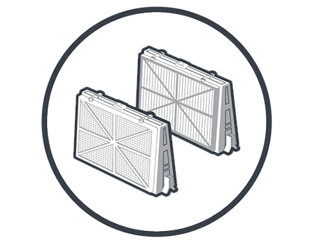 Filtration à double niveau. Système de filtration à double niveau par panneaux qui garantit la propreté, même des plus petites particules. Comprend des panneaux ultrafins et des panneaux à ressort.